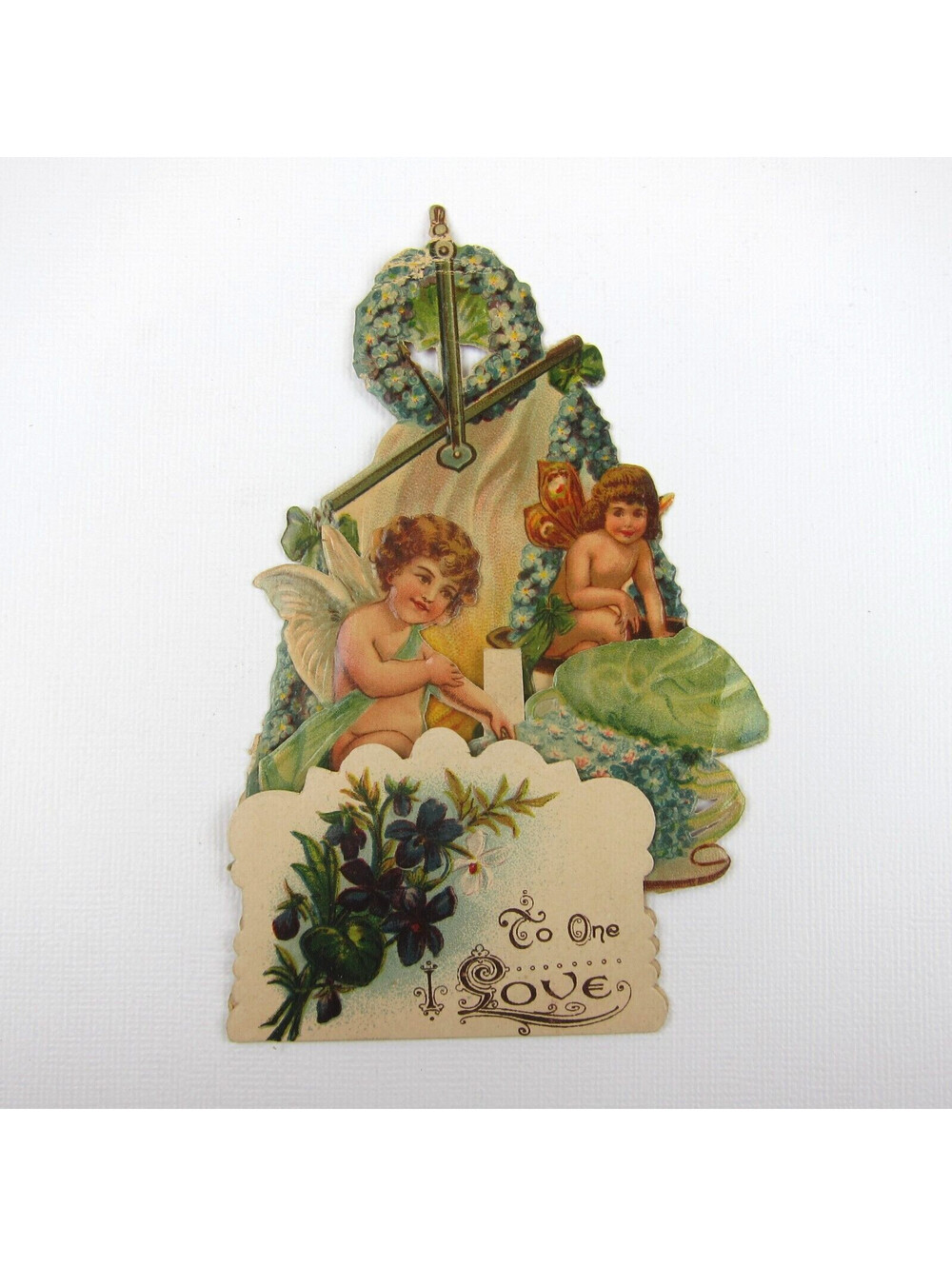 Vintage Valentine 3D Pop Up Die Cut Angel Boy Cupid Wings Scale Blue Flowers
